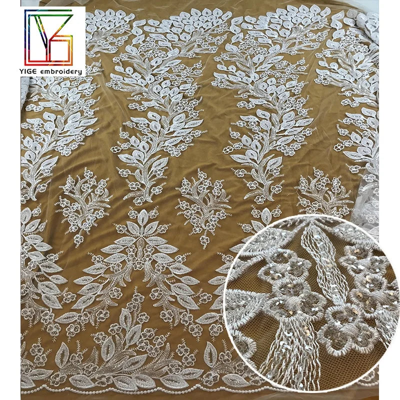 New Arrival Elegant Bleach Tulle Heavy Beaded Knitted Sequins Beaded Embroidery Wedding Bridal Laces Fabrics