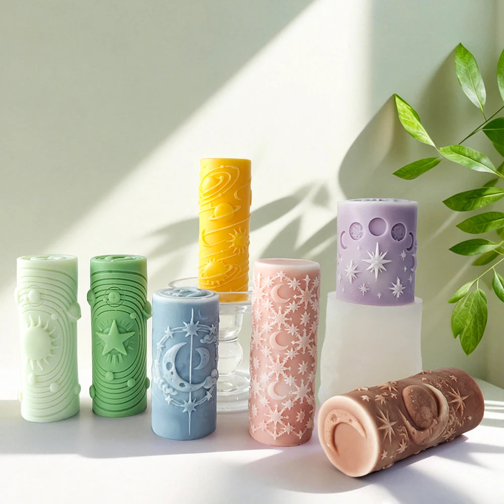 Cylindrical 3D Aromatherapy Pillar Candle Silicone Mold with Star Moon Relief Pattern for Soap Making DIY Plaster Diffuser Stone