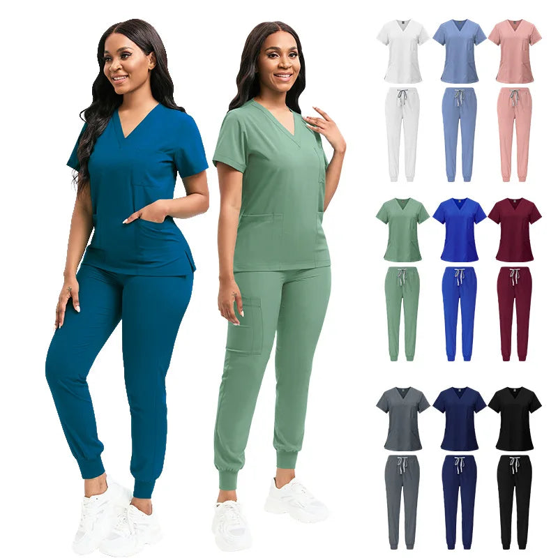 Hospital Uniforms Unisex Nursing Uniform Sets Fashion Jogger Leg Short-sleeved Overalls Nurse Scrubs Sets for Women Men MegaBDM