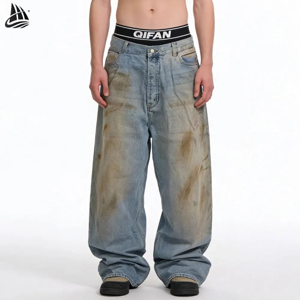 Custom Wide Leg Denim Pants Trousers Bottom Fade Distressed Mud Wash Jeans for Men