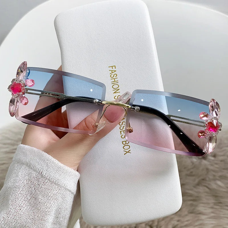 Customize Logo Metal Diamond Cut Sunglasses Luxury Women Sunglasses Rimless Square Small Sunglasses Gafas De Sol Cuadradas