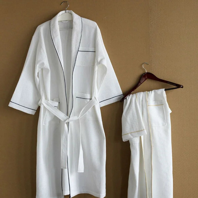 Custom Hotel Bathrobe Light Weight Waffle Bathrobe With Piping Spa Hotel Bathrobe with Binding