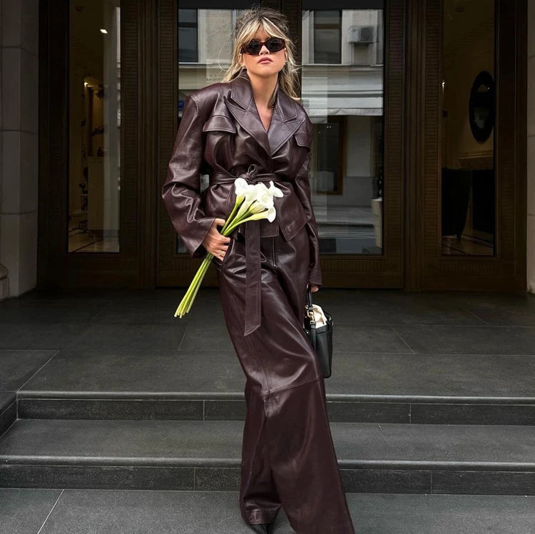 Factory Manufacturer Spring Fall 2025 Burgundy PU Leather Women Pants Suit Two Piece Coords Fashion Women's Clothing Jacket Set