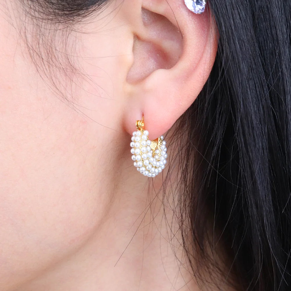 Chris April 316L Stainless Steel PVD Plated Gold Pearls U Shape Hoops Earring