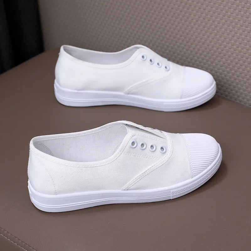 Women's Simple Solid No Heel Canvas Shoes Trendy Thick Bottom Non-slip Ladies Casual Shoes Outdoor Convenient Ladies Loafers