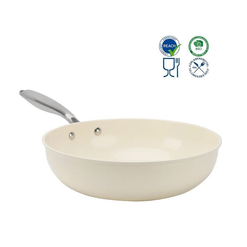 Wholesale Non Stick White Induction Aluminum Wok Pan Non-stick Ceramic Coating Kitchen Gas Cooking Fry Wok with Glass Lid