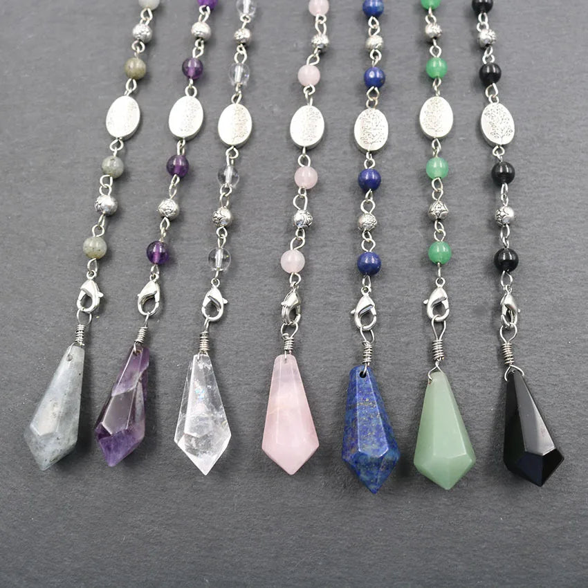 Natural Stone Hexagonal Awl Bullet Healing Reiki Crystal Pendant Life Tree Pendant Chain