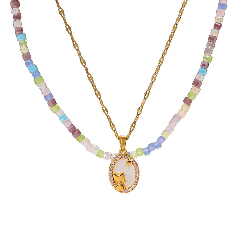Wholesale Luxury Stainless Steel rainbow Bead Necklace Jewelry Double-layer Geometric Heart-shaped Pendant Necklace for Women