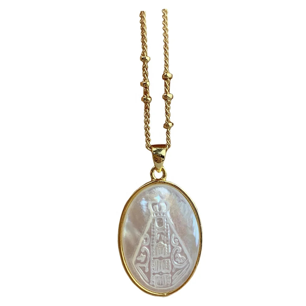 Dainty Oval Medal Virgin Pendant Necklace Women Choker Trendy Mother of Pearl Shell Gifts Jewelry
