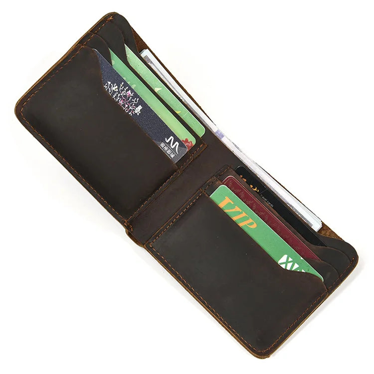 Vintage Crazy Horse Leather Short Wallet Men's Genuine Leather Bifold Wallet Coin Purse