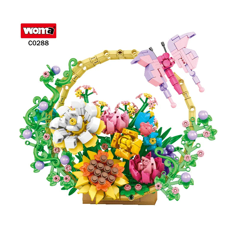 Woma Toys 2024 New Flower Basket Bouquet Building Brick Block Toy Flowers Set for Kid and Adult
