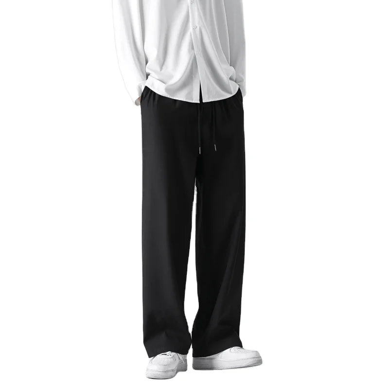Pleated Straight Pants Men's Fashion Elastic Waist Casual Pants Men Streetwear Loose Ice Silk Trousers Mens Wide Leg Pants