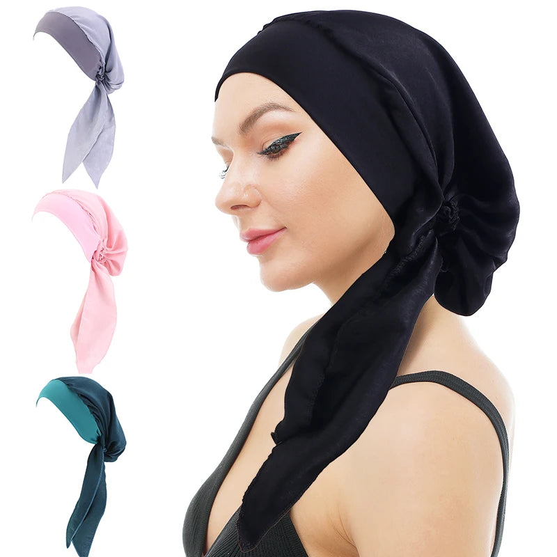GTOP Wholesale Custom Logo Muslim Polyester Elastic Headwrap Scarf Turban Plain Broad Pre-tied Headscarf Turbans for Women