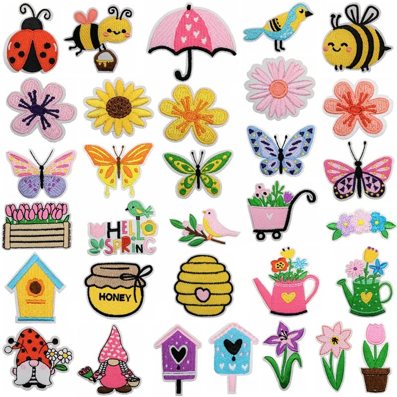 Iron on Embroidered Eco-Friendly Cute Spring Flower Heart Bird Bee Umbrella butterfly Patches for Clothes Bag Hat Decoration