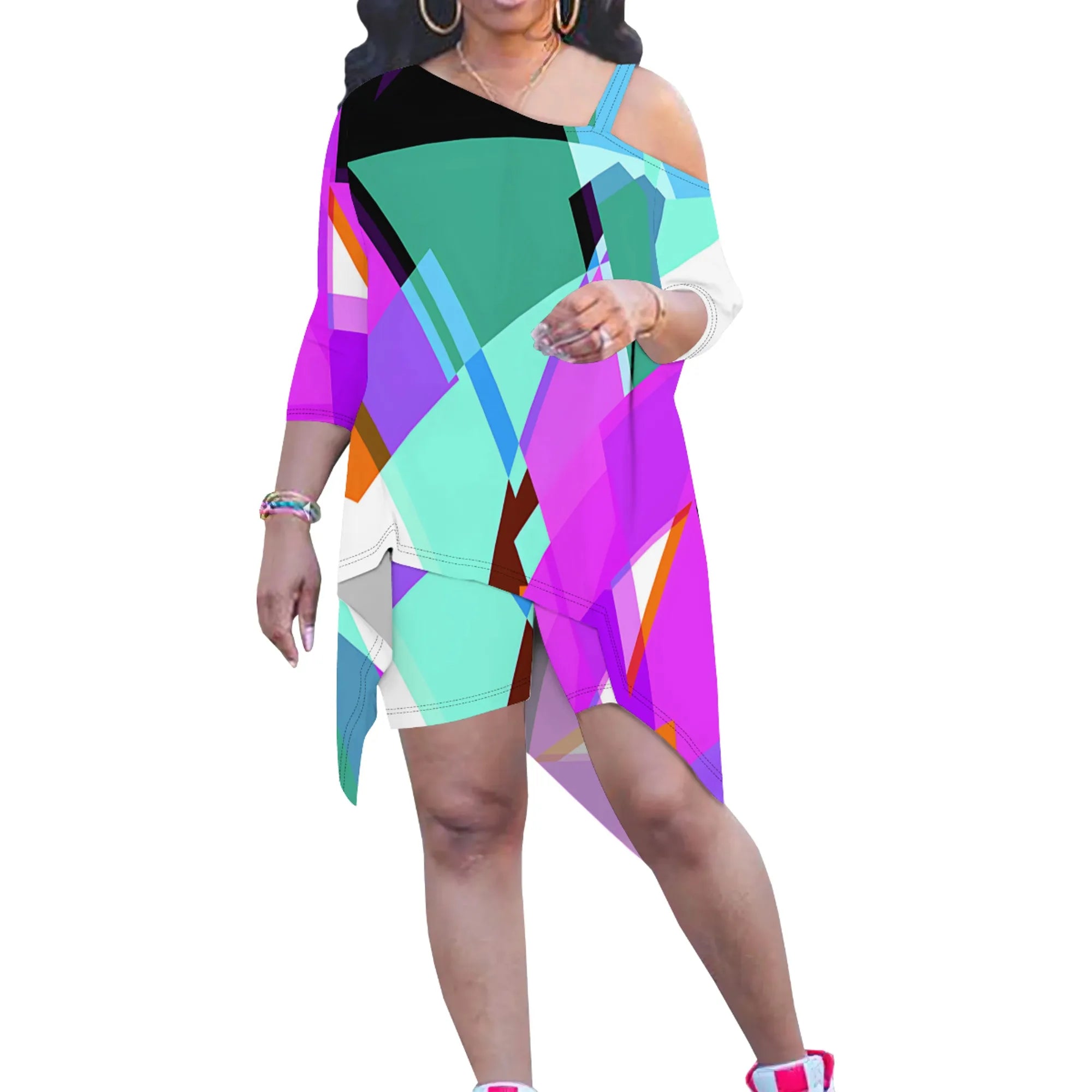 Casual Plus Size Two-Piece Summer Dress Skinny Fit with Sloping Shoulders Digital Printing
