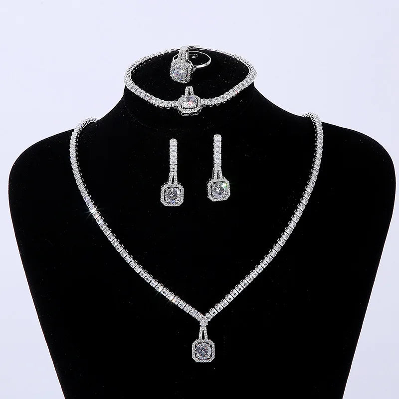 Jachon Luxury Square Zircon Four Piece Set Bridal Jewelry Accessories-Necklace Earrings Bracelet Ring for Wedding and Party