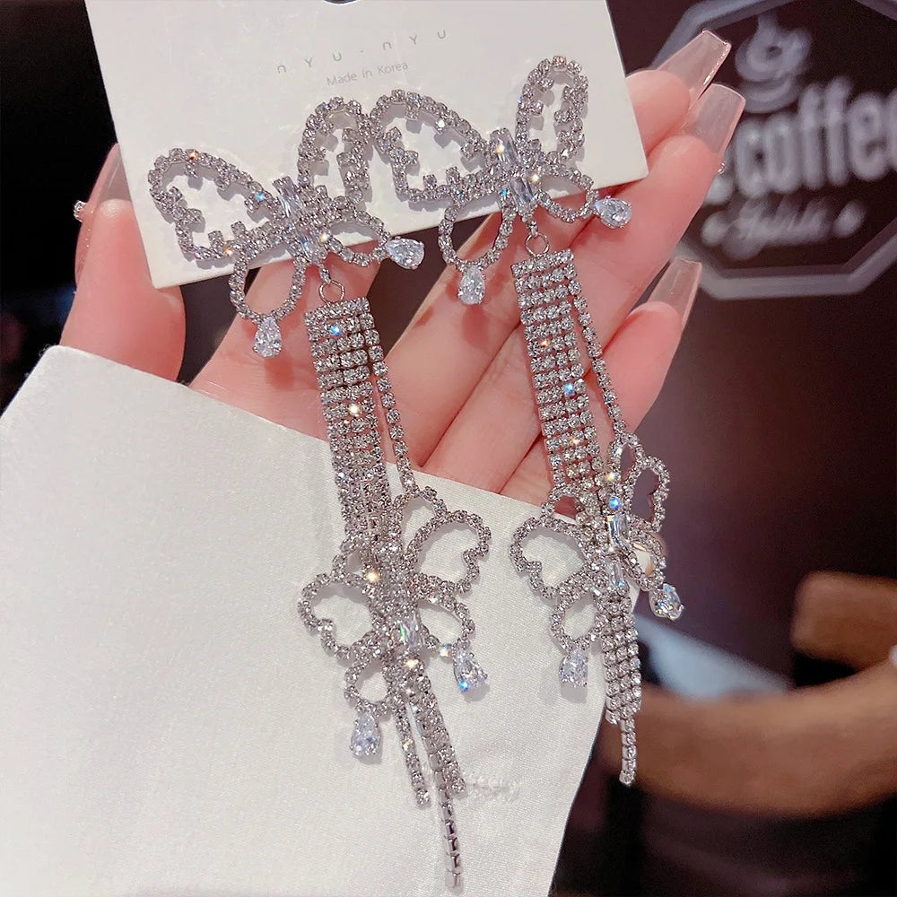 925 Silver Needle Earring Diamond Luxury Wedding Butterfly Tassel Earrings Exaggerated Butterfly Long Tassel Earrings Jewelry