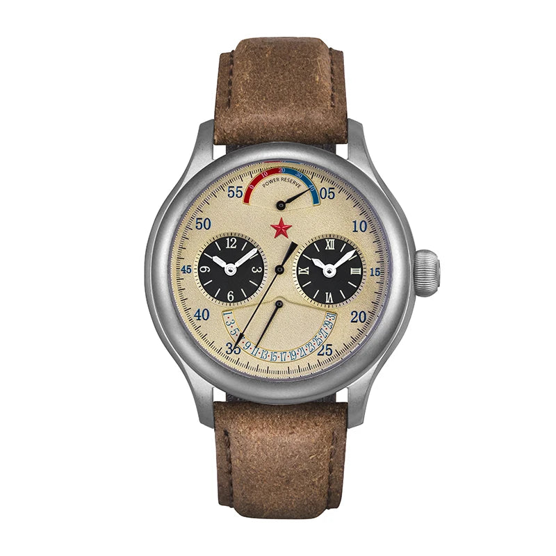 Red Star Men's 45mm Mechanical Sports Watch GMT Dual Time Zone Chronograph Calendar Luminous Leather Wristwatch Model ST2545