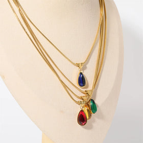 Wholesale Waterproof 18K Gold Plated Stainless Steel Necklace With Birth Stone Water Drop Zircon Pendant Necklace for Women