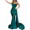 2023 Custom Sexy Satin Tube Top Evening Dress Simple Mermaid Tail Empire Waist Draped Pleated Red Green Bridesmaid Dress Long