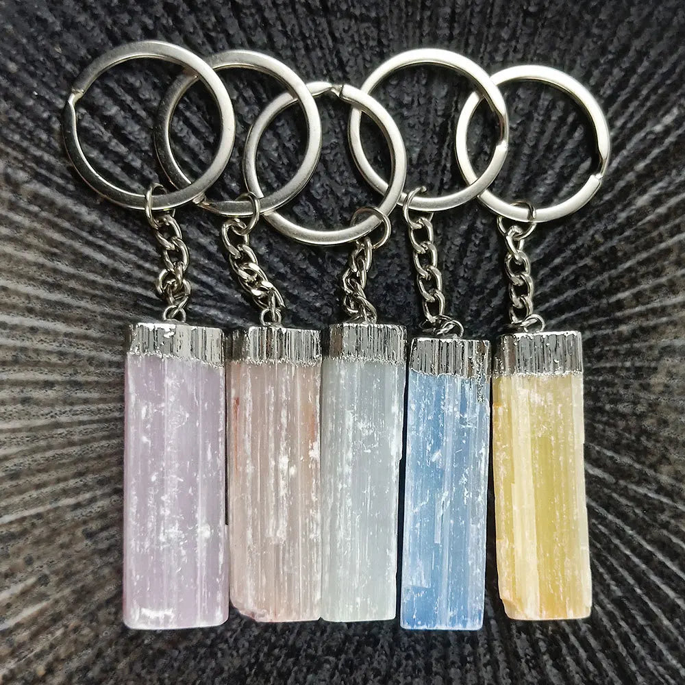 Diy Hot Design Irregular rectangular electroplated edging hanging chain of natural raw mineral crystal key ring mixed color gypsum s crystals wholesale bulk