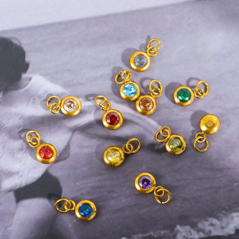Dainty 6.5mm Stainless Steel 18K Gold Zircon Birthstone Pendant for Jewelry Making Accessories
