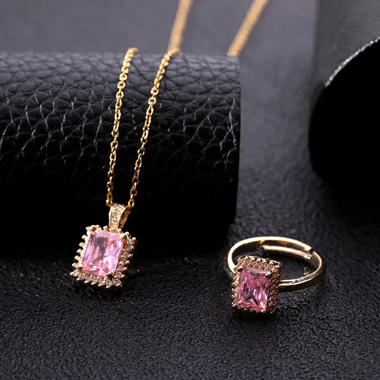 Wholesale Fashion Jewelry Sets Square Crystal Zircon Necklace Ring Two-pcs Jewelry Sets for Women
