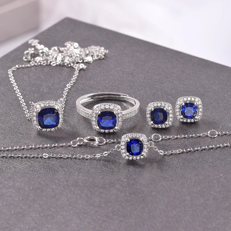 Lab Grown Blue Sapphire Gemstone Jewellery Set Ring Pendant Necklaces &  Earrings 925 Silver Jewelry Set for Women and Girls