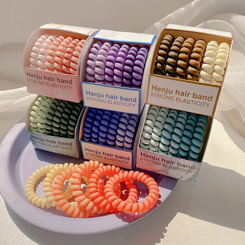 New 6 Pcs Each Box Stretchy Silicone Wrist Hair Coil Bracelet Ponytail Hair Accessories Elastic Telephone Cord Hair Ties