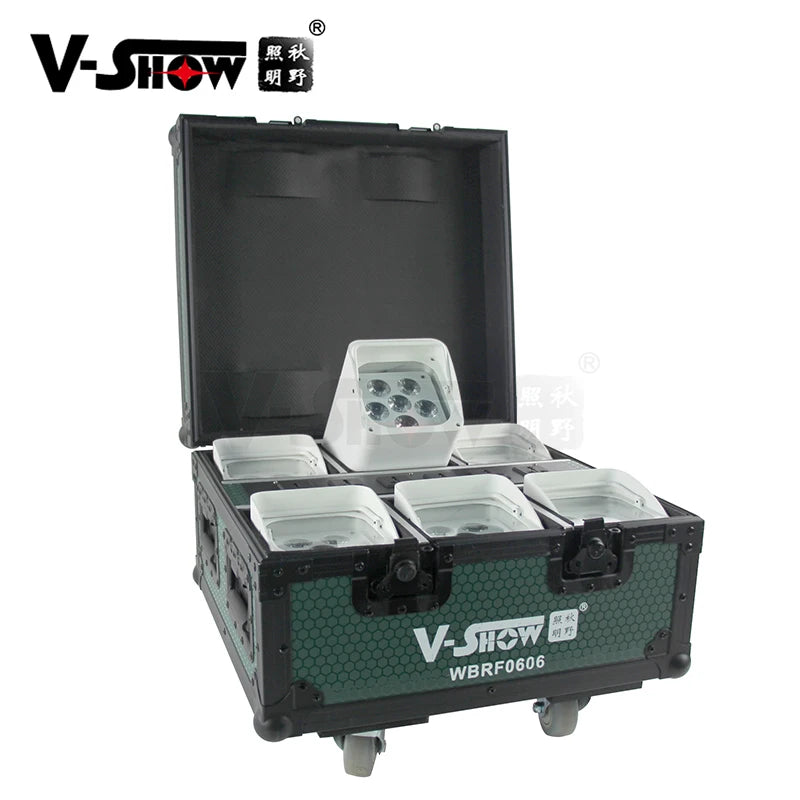 VSHOW WBRF0606 6PCS 18W RGBWA+UV 6 in 1 Wireless Uplights Battery Powered LED Rechargeable Par Can with Wifi 6PCS+case