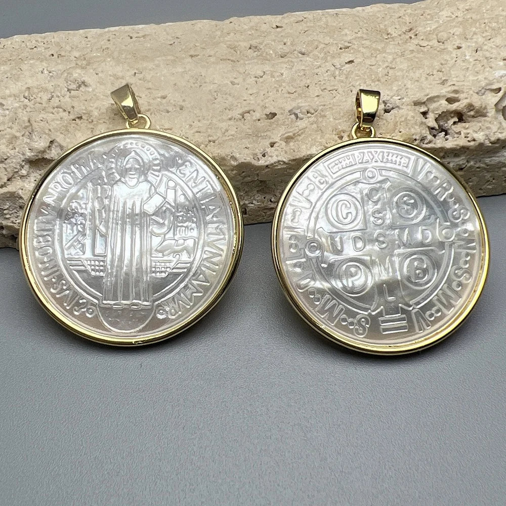Large Round Natural Sea Shell Medal Cross Bible Saint Benedict Pendants Charms for Jewelry Making Necklace Wholesale