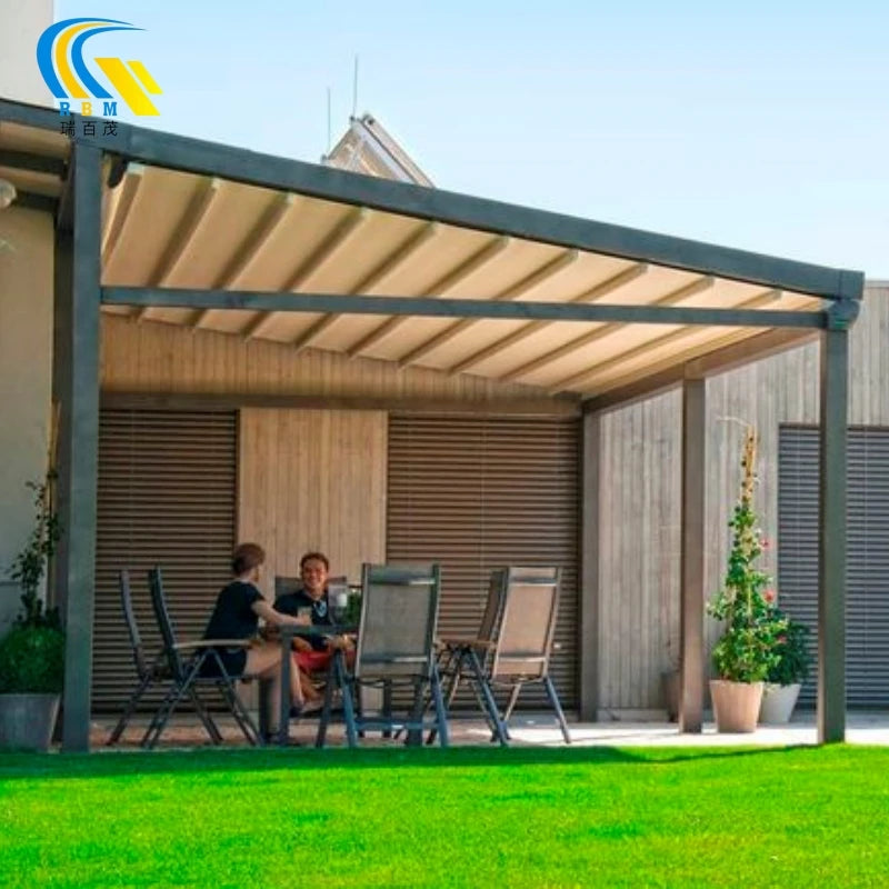 Retractable PVC Pergola Motorized LED Light Pergola for Outdoor Shade PVC Fabric Folding Roof Pergola