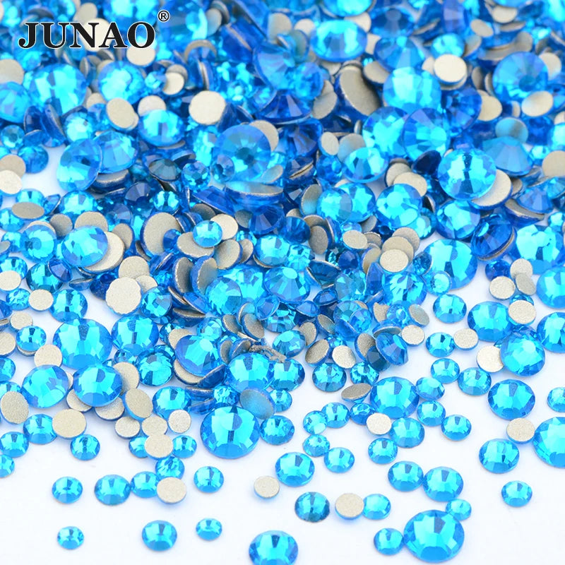 Wholesale Mix Size Capri Blue Round Crystal Sticker Non Hotfix Strass Flatback Glass Crystal Rhinestones for DIY Crafts