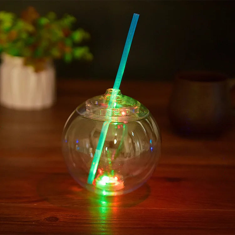 2025 Hot Sale Zhongda LED Glitter Light Plastic 24oz Ball Shape Drinks Cups Christmas Party Transparent Glowing Round Straw Cup