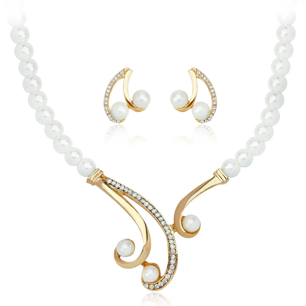 Korean Fashion Sweater Chain Fashion Pearl Diamond Plated KC Gold Jewelry Necklace Set