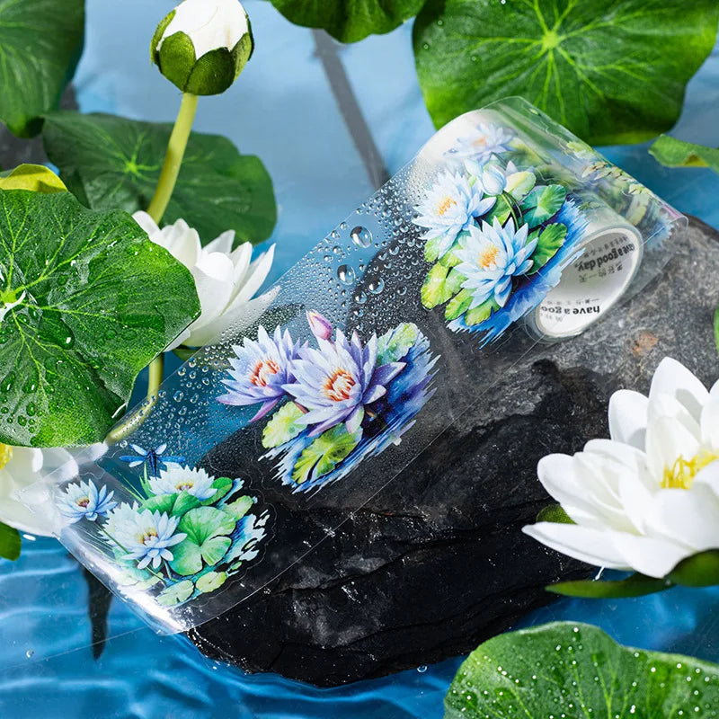 European Fresh Priming Botanical DIY Stickers Summer Lotus Pond Series Die Cut Tape Handbook 1 Roll Water Activated for Masking