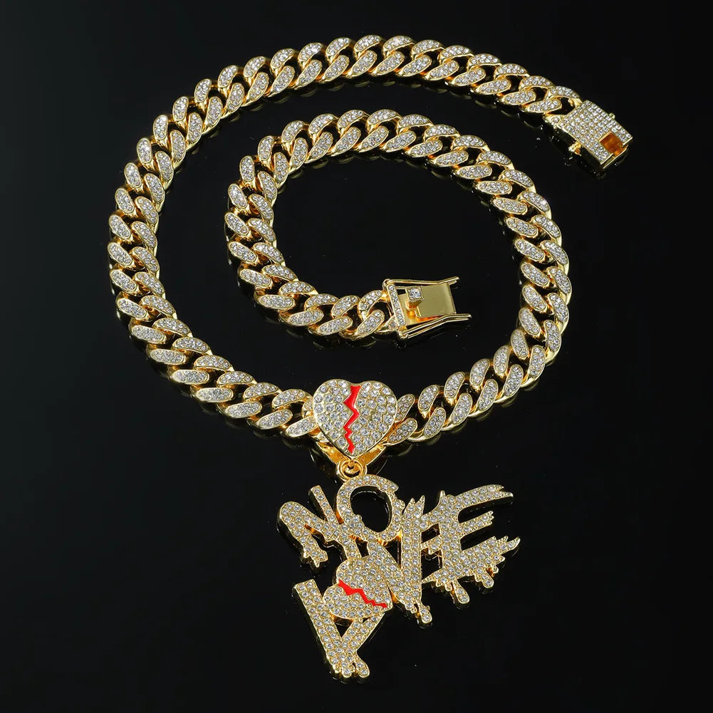 Hip Hop Rockstar Rapper Punk Iced Out Bling Cuban Chains NO LOVE Necklace Pendants for Men Women Heart Broke Pendant Necklaces