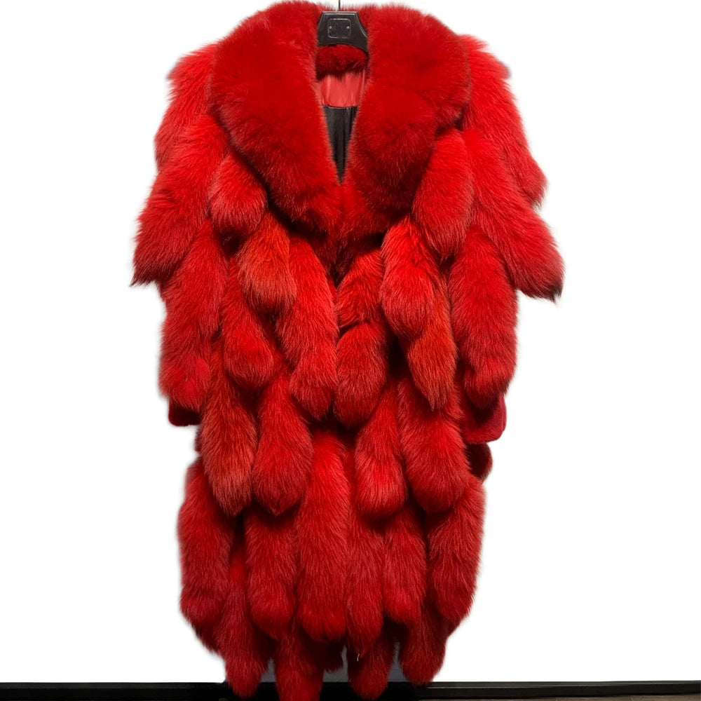 Long Fox Fur Coat Ladies Natural Fur Coat With Long Sleeve and Big Collar