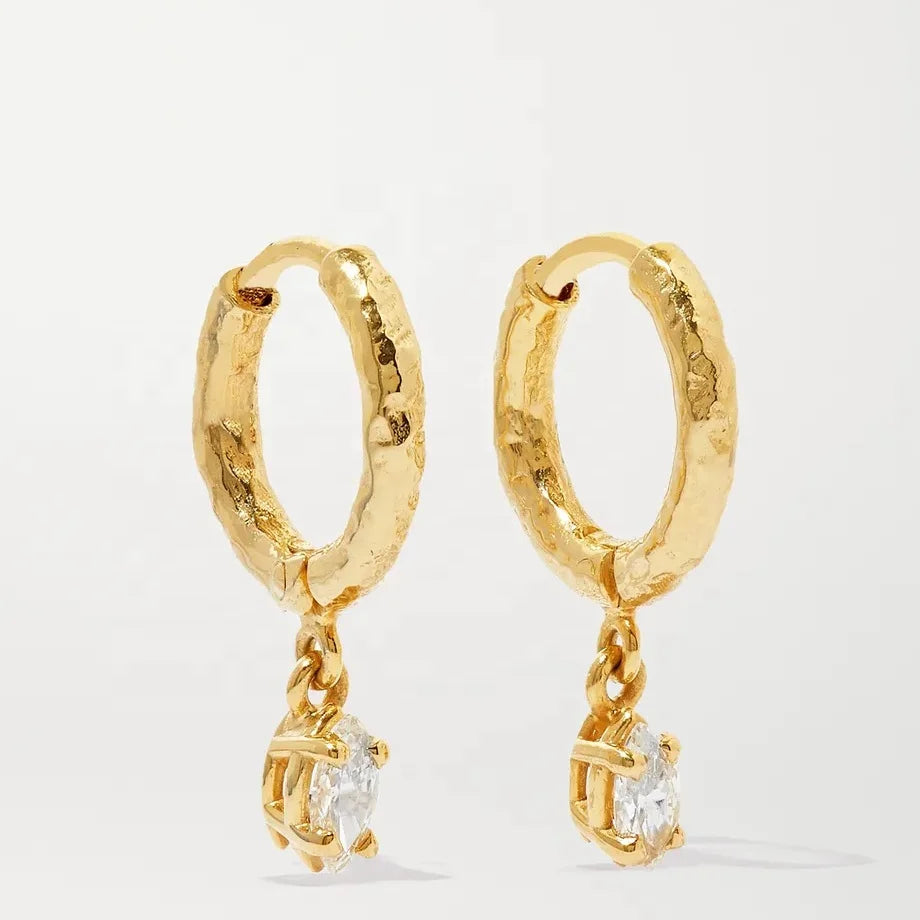 LOZRUNVE Fashionable China Jewelry 18k Gold Plating Silver 925 Marquise Hammered Hoop Earrings