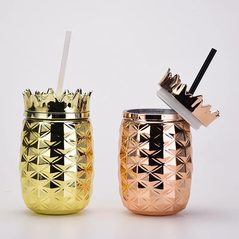 Electroplated Plastic Shaped Pineapple Cup Creative Straw Cup Electroplated Shaped Juice Beach Party Cup Hot Sale Food Grade