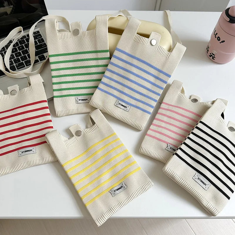 Japan and South Korea Design Striped Knitted Mini Mobile Phone Bag With All Portable Crossbody Purse Woman