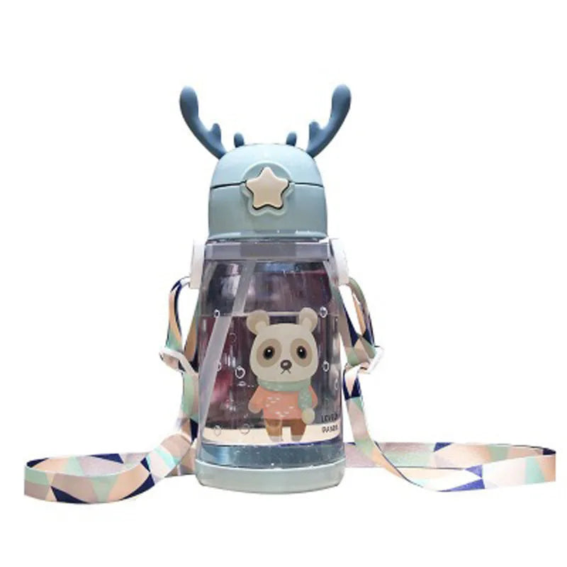 Fall-Proof Mug Antler Cup Cute Sports Outdoor Strap Water Bottle Plastic Children Straw Water Cup