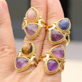 Fashion Design Trendy Gift for Unisex Double Drop Colorful High Quality Natural Gemstone Bezel Setting Gold Plated Ring