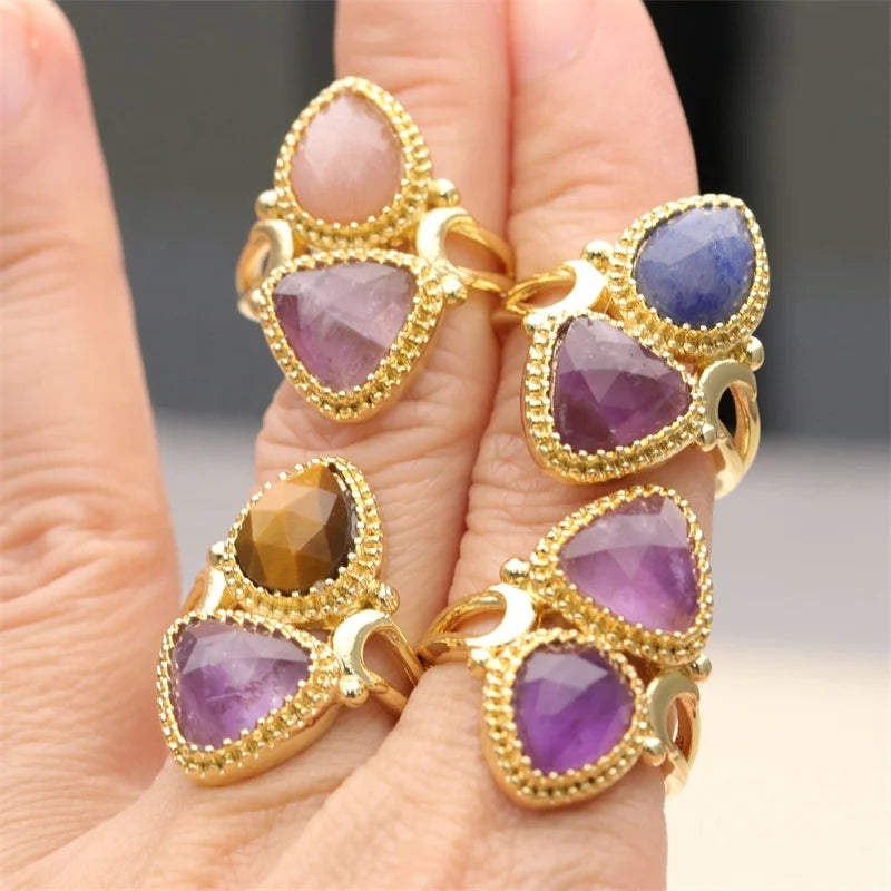 Fashion Design Trendy Gift for Unisex Double Drop Colorful High Quality Natural Gemstone Bezel Setting Gold Plated Ring