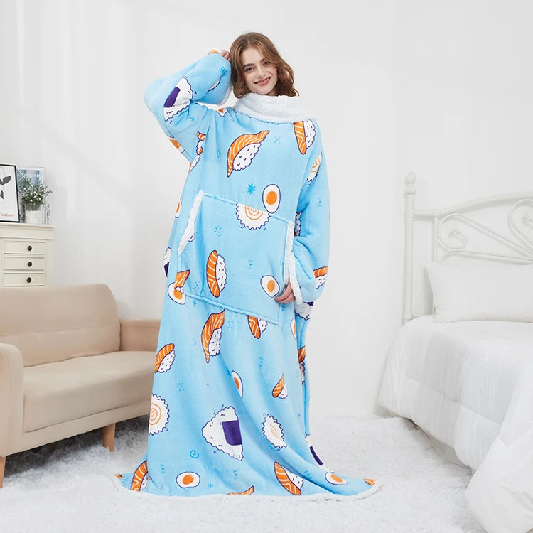 China Factory Customizable Flannel & Sherpa Fleece Thick Wearable Throw Blanket for Adults Machine Washable 100% Polyester