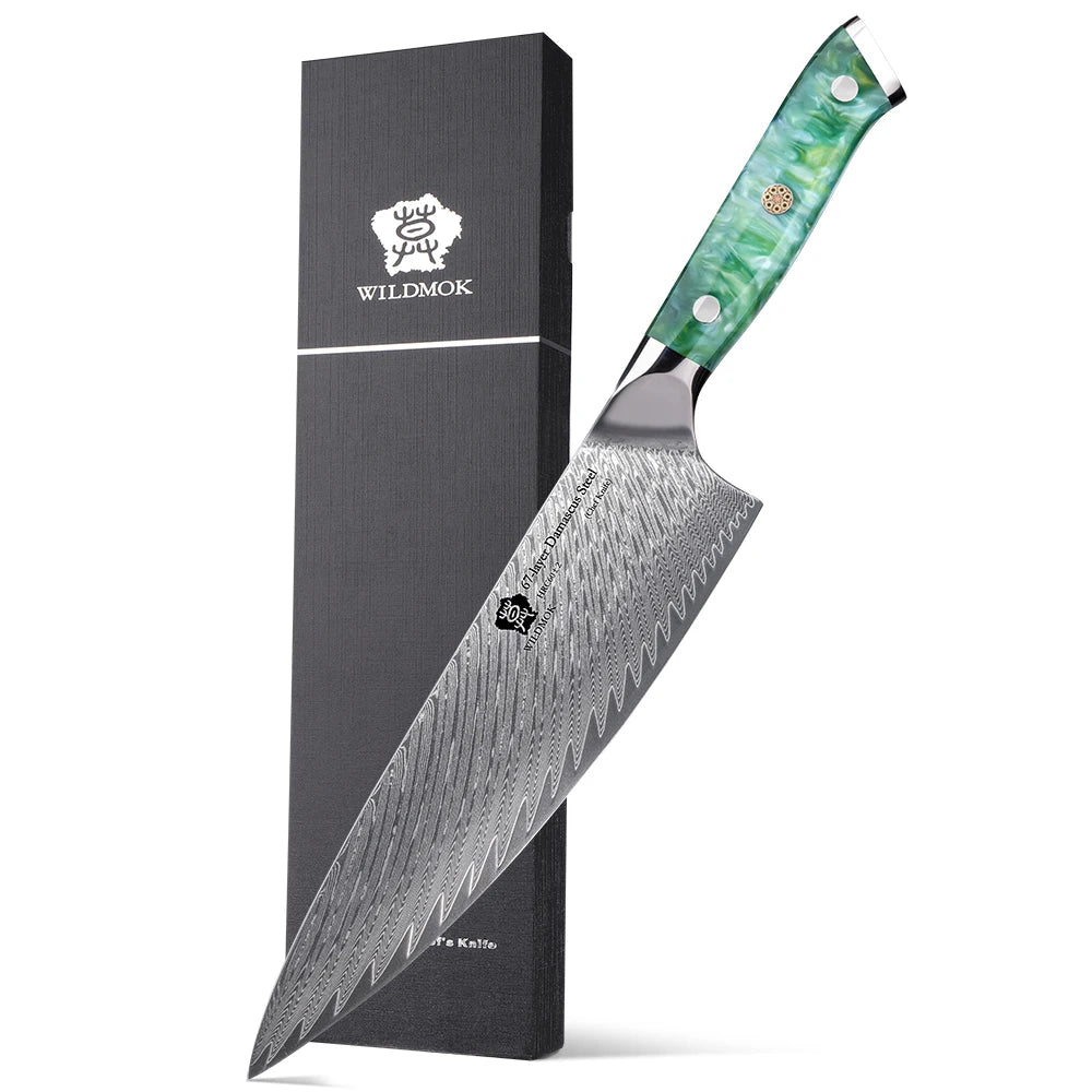 WILDMOK Chef Knife 8 Inch Damascus Japanese Chef Knife Black Resin Handle Kitchen Knives