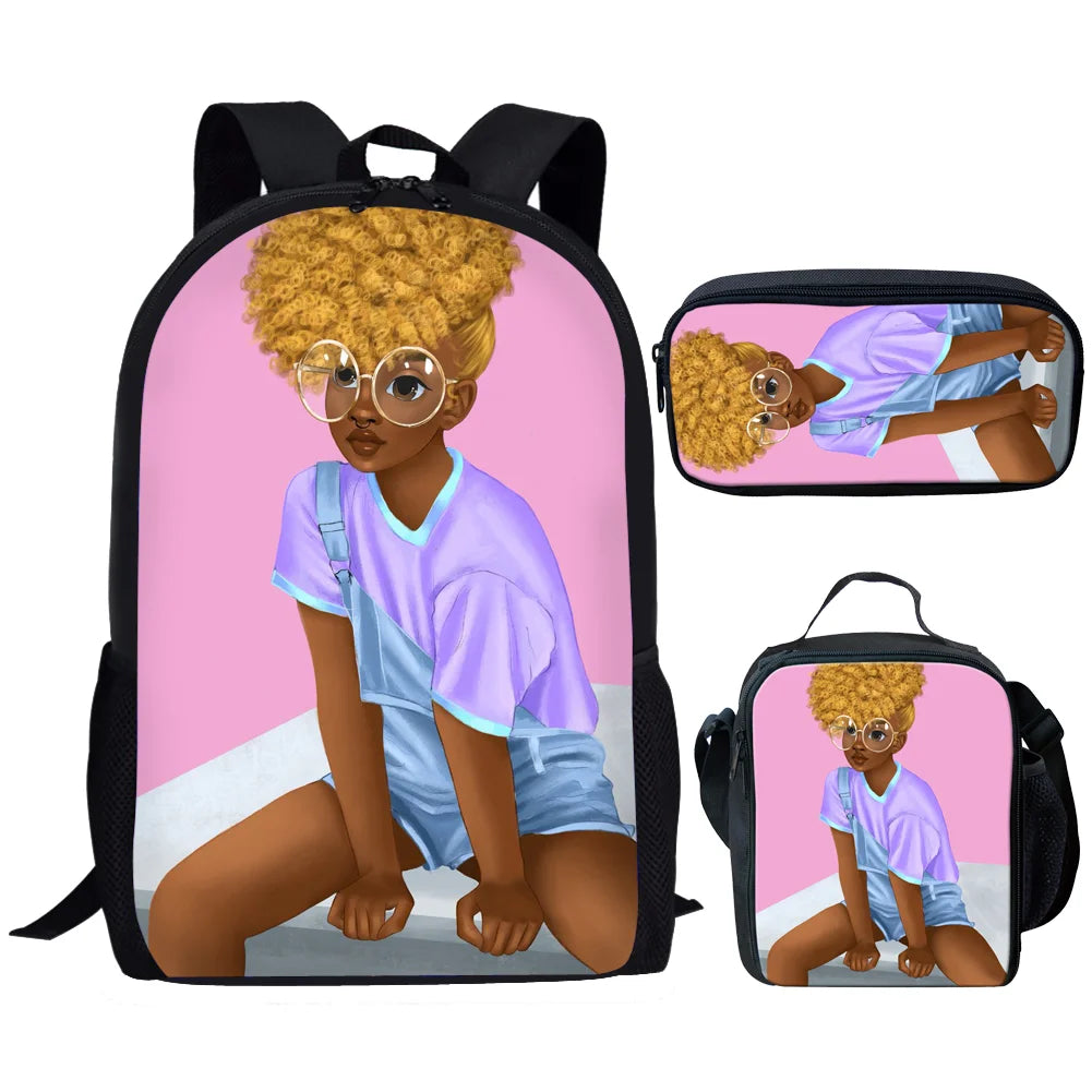 Cute Black Arts African Girl Design Backpack Large 3 in 1 School Bags Set With Lunch Bag and Pencil Case for Teenager Girls Boys