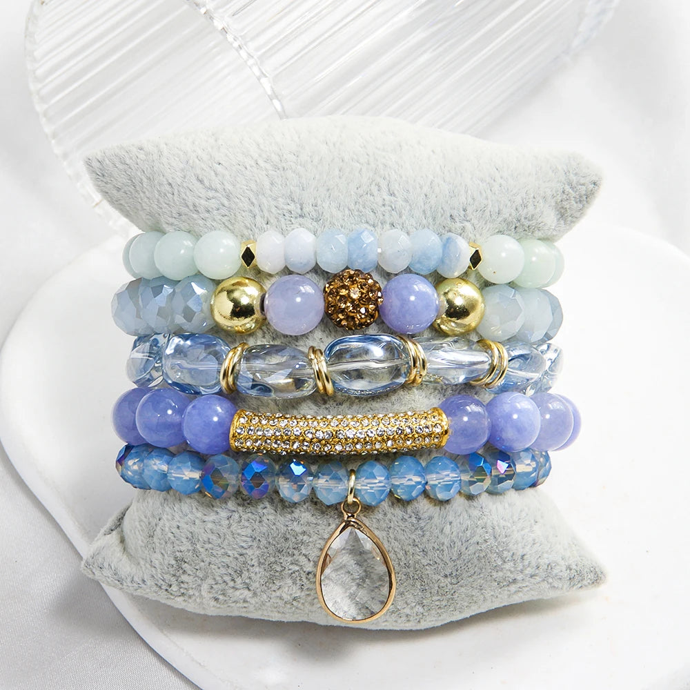 New Fashion Bohemian Women Jewelry Colorful Natural Stone Glass Elastic Beaded Bracelet Drop Pendant 5pcs Stacked Bracelet Set