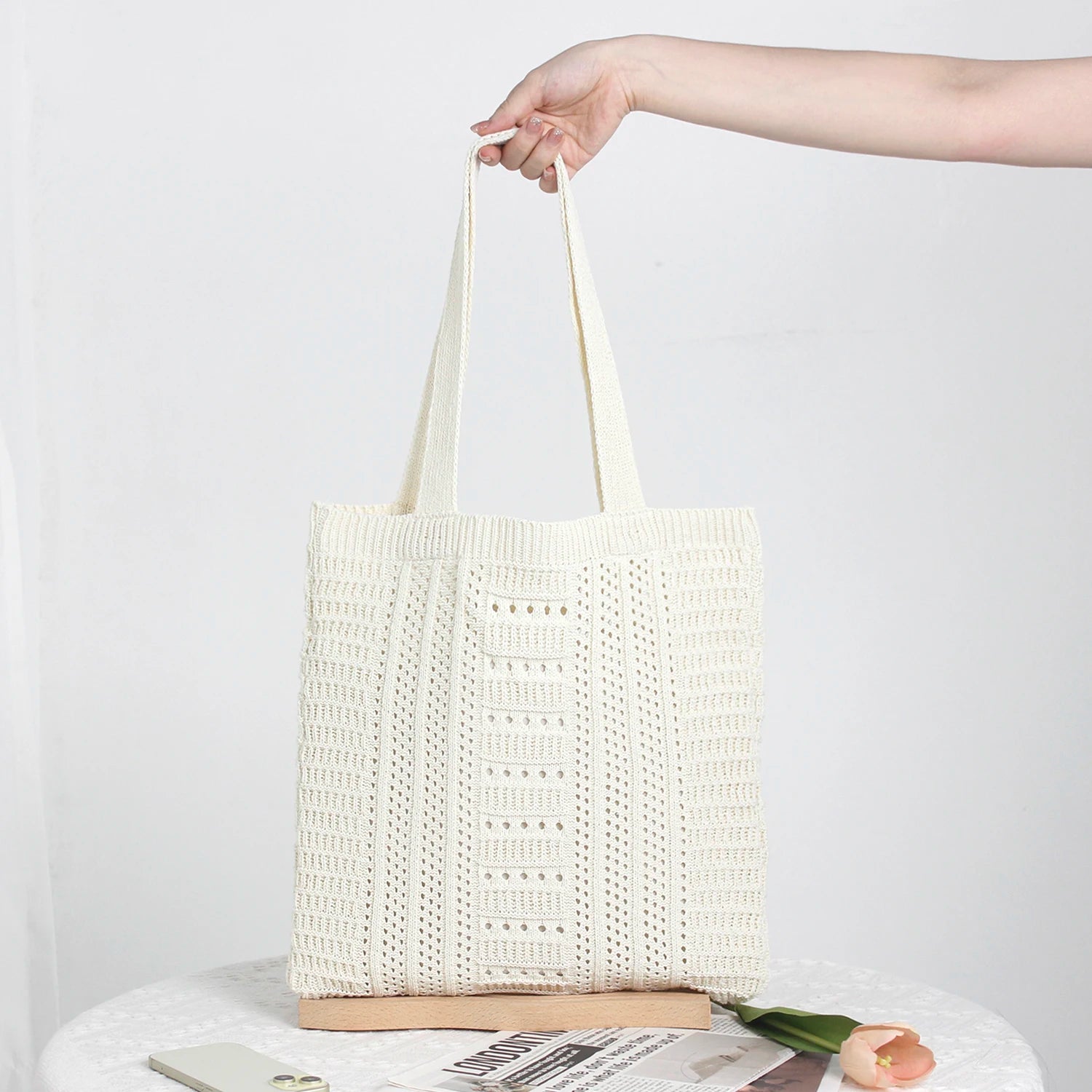 2025 Lady Vintage Two Straps Tote Bags Women Snow White Knitted Crochet Large Capacity Portable Durable Geometric Polyester