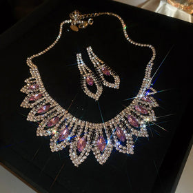 Luxury Wedding Bridal Purple Crystal Necklace Earrings Jewelry Sets for Women Fashion Water Drop Rhinestone Jewelry (KJ090)